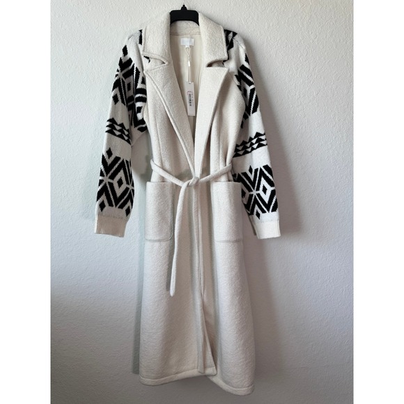 Every Jackets & Blazers - EVERY Womens Cream Longline Maxi Wrap Coat Geometric Knit Sleeves Large NWT